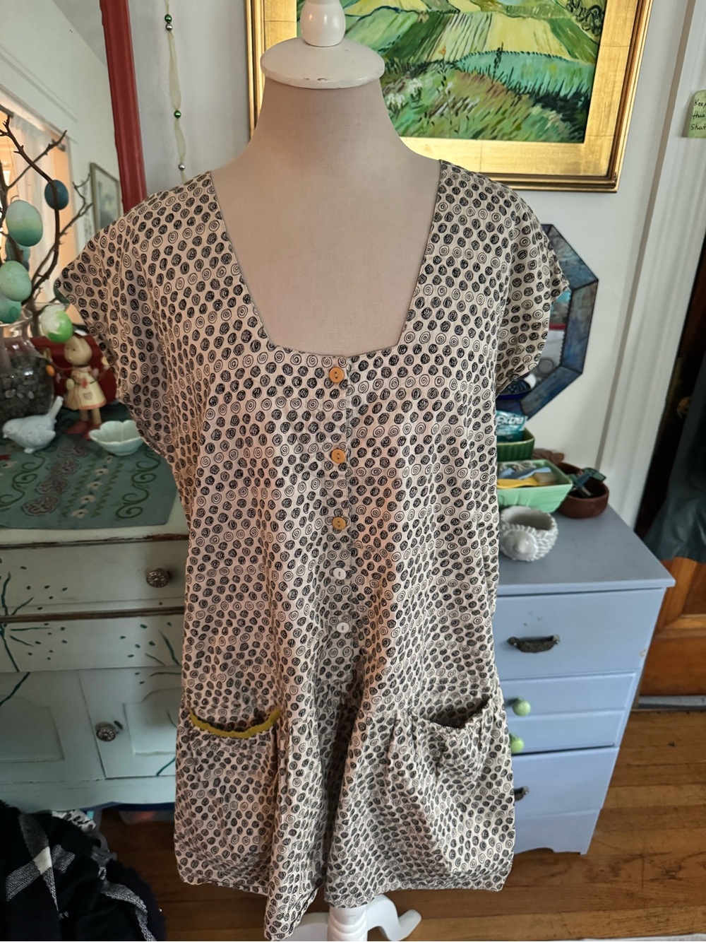 Gudrun Sjoden Rare Scoop Neck Button-Front Tunic Top Cream Black L Cotton VGUC